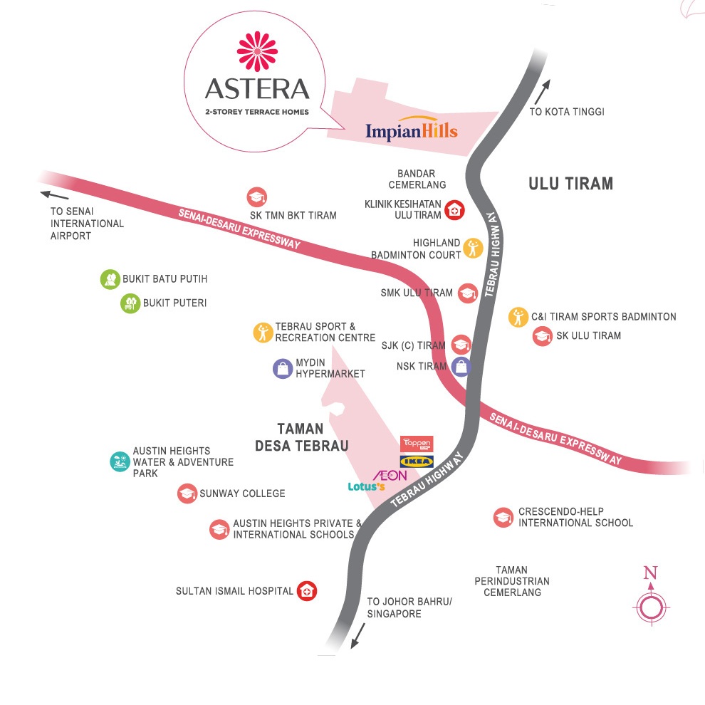 Astera location map near Tebrau and Ulu Tiram